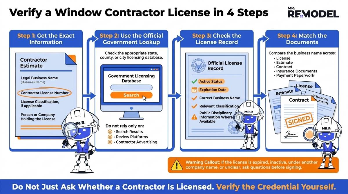 Four-step window contractor license verification process showing homeowners how to collect exact license information, use an official government lookup, check license status, and match credentials to the contract.